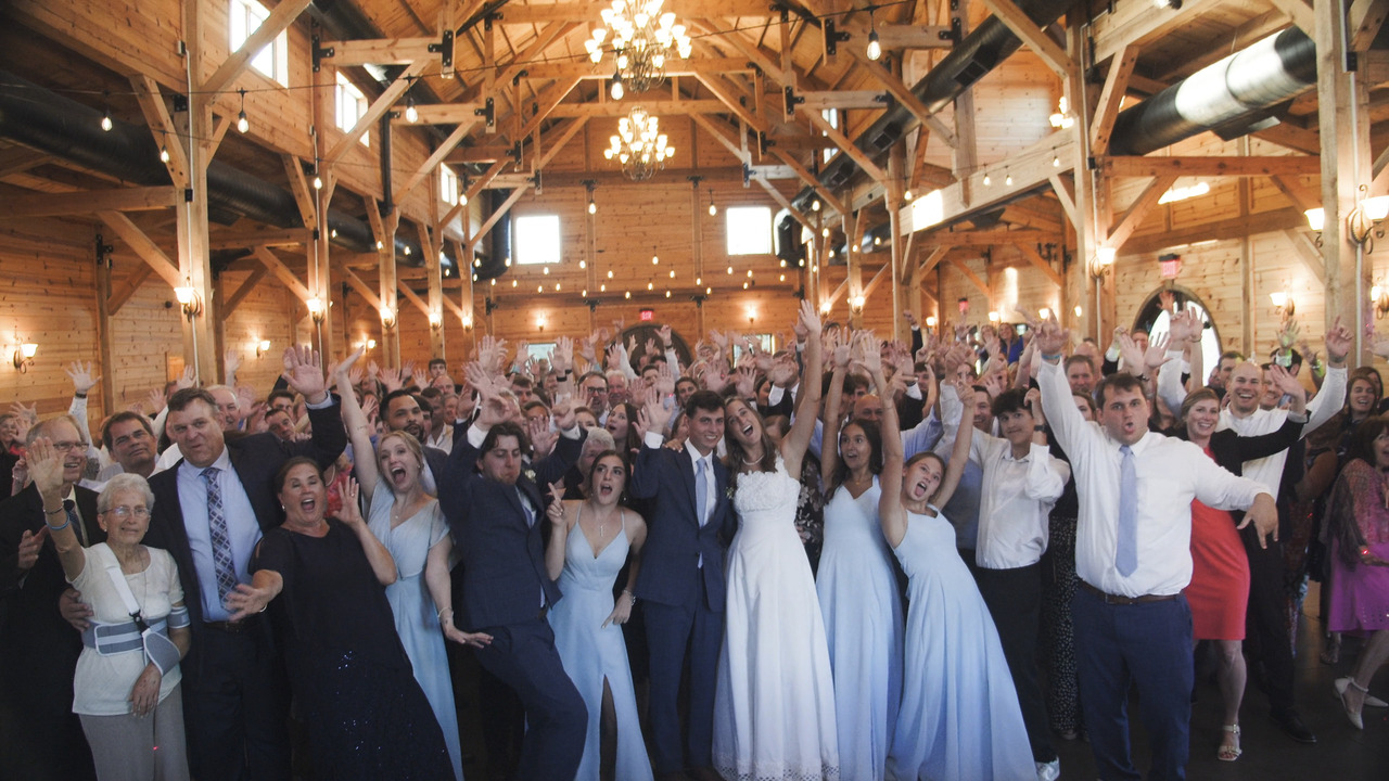 All the guests cheer for big group photo at reception.